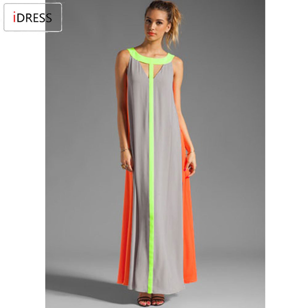 IDress Women Summer 2015 Casual Maxi Summer Dress Long Patchwork Loose Bohemian Beach Vestidos Contrast Color Chiffon Maxi Dress (3)