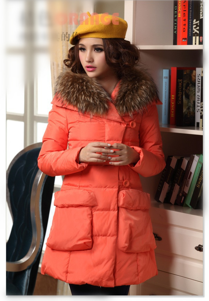 winter jacket women slim fur collar thickening coat medium-long two pocket down parka plus size outwear casual overcoat W205