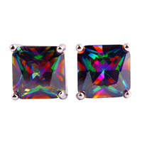 Fashion Women Jewelry Decent Princess Cut Mysterious Rainbow Topaz 925 Silver Stud Earrings Whlesale Free Shipping