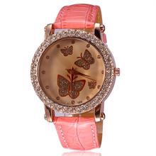 2014 nuevos niños de dibujos animados reloj de correa Pink Rhinestone caja oro rosa mariposa patrón Girls regalo del reloj del Relogio niños