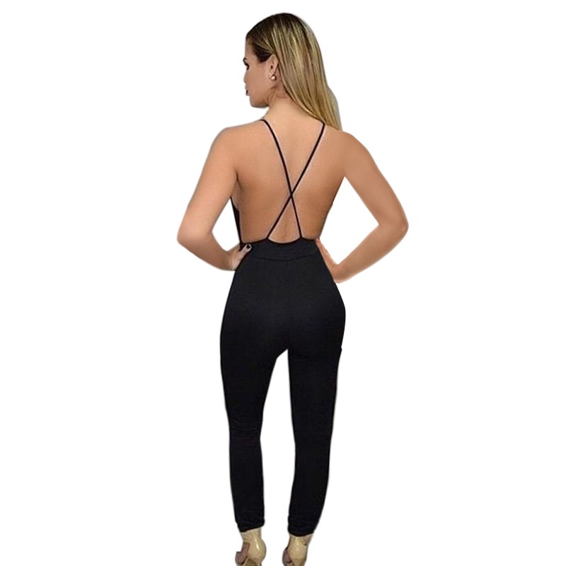 Wholesale Spring Autumn Women Party Bodycon Jumpsuit Deep V Neck Sexy