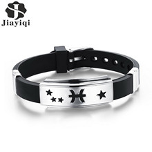 Jiayiqi Jewelry Twelve Constellations Cuff Bracelet  Stainless Steel Genuine Silicone ID Bracelets Leather Bangles Men Gift 2016