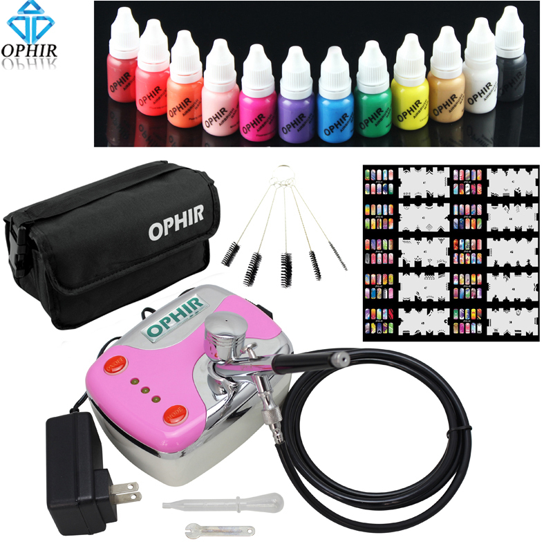 OPHIR 0.3mm Airbrush Kit  12x Nail Ink Pink Air Compressor with Airbrush Nail Stencil & Bag & Cleaning Brush Set_OP-NA001P