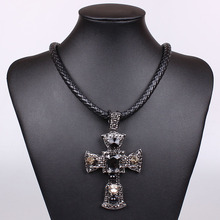 Metal Black Plated Faux Leather Punk Style Fashion Jewelry Rivet Within Crystal Cross Pendant Choker Necklace
