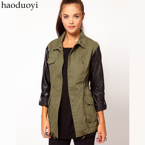 2014 women Turn - down collar Trench black PU patch work coat was hunting coat Trench olive trench drawstring round the waist