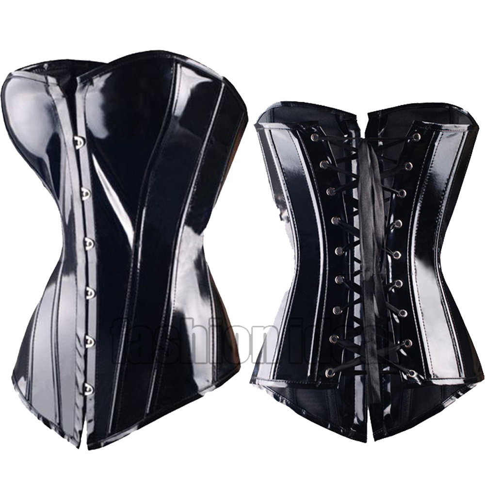 X Sexy Black Steampunk Faux Leather Pvc Lace Up Boned Gothic Corsets