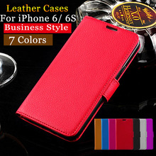 Business Style PU Lychee Leather Mobile Phone Cover For iPhone 6 6S Phone Case Bags With Stand Function Card Holder 7 Colors