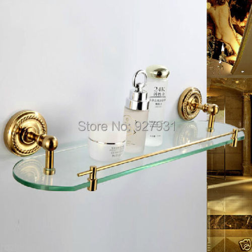 Luxury Wall Mounted Single Glass Storage Rack Gold-plate Bathroom Shower Commodity Shelf Bathroom Rack