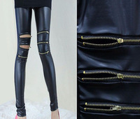 New 2015 women sexy zipper open ripped hollow out pu leggings bottom pants