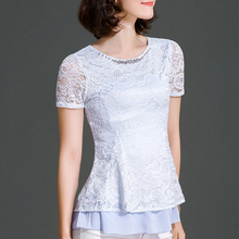 New Women Summer Casual Basic Lace Chiffon Blouse Floral Top Shirt Bead Embroidery Patchwork Hollow out Short Sleeves Plus Size