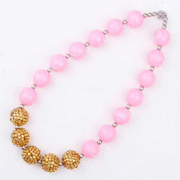 2PCSLot 2015 new hotsale handmake jewelry WholesaleRetail pink and gold color Bubblegum Chunky Bead Necklaces & More