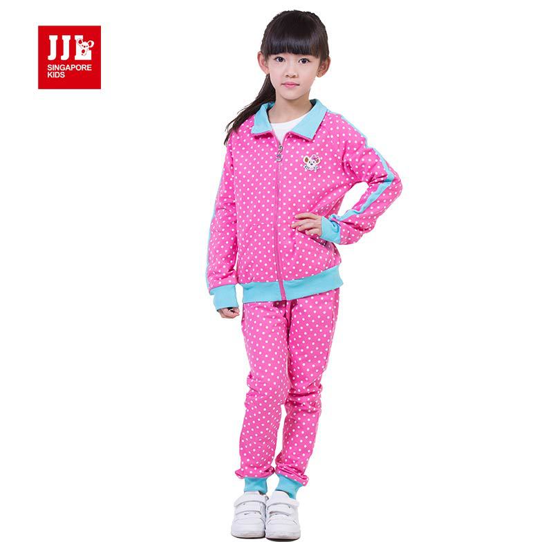 2015 new arrival kids clothes long sport suit 100%  high quality soft girl clothes polka dot pattern  turn-down collar design