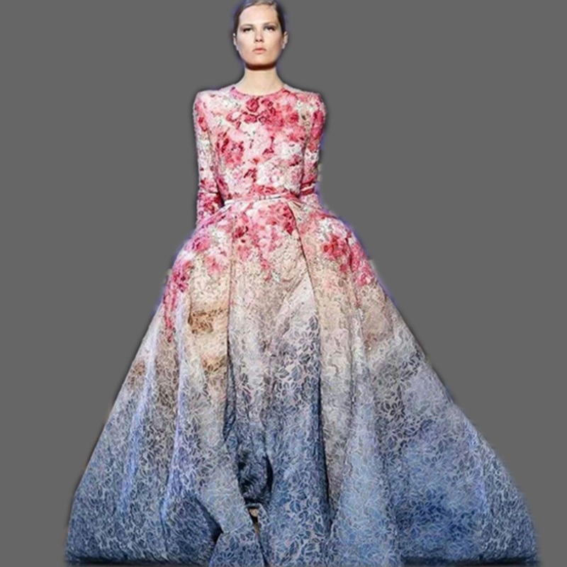HIGH QUALITY New 2015 Runway Maxi Dress Women's Long Sleeve Sweet Floral Printed Celebrity Party Ball Gown Long Dress