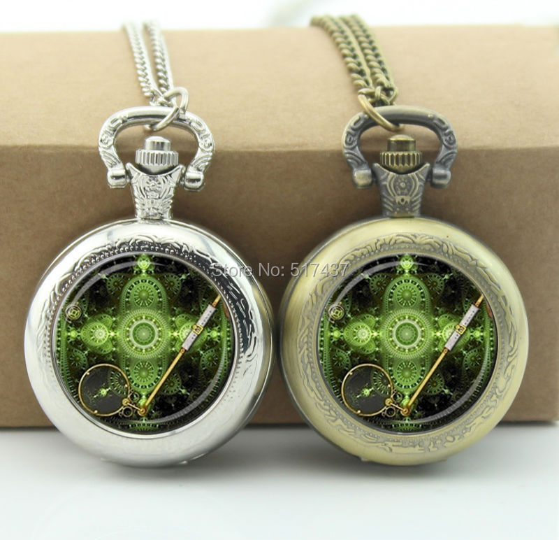 WT-00196 STEAMPUNK PENDANT Green Brass Black Steampunk Jewelry Steampunk Necklace Geek Fractal Pendant Fractal-