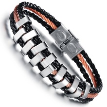 Wholesale 2014 NEW Fashion jewelry Punk Rose Gold Stainless Steel Black Weave Genuine PU leather Men Bracelet male Bangles CH843
