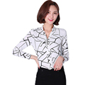 Large Sizes Casual Women Summer Chiffon Blouses Shirts Ladies Nine Quarter Sleeve V neck Plaid Blouse