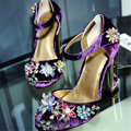Women Luxury national trend cutout metal bird cage vintage rhinestone high heels velvet gem flower female