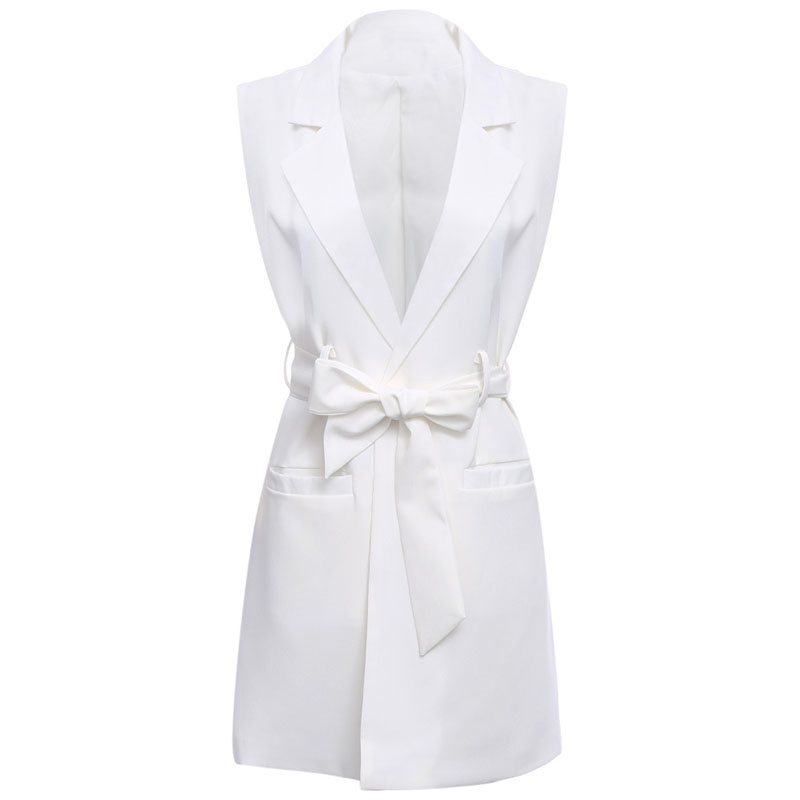 VESTLINDA White Long Blazer Vest Coat Ladies Casual Outwear Cardigan Waistcoat Women Sleeveless Jacket Female Vest with Belt 6