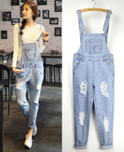 cute loose women’s jeans pants denim bib female spaghetti strap jumpsuit ripped pants jeans
