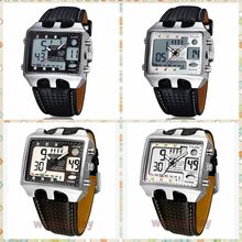 OHSEN LED Date Mens Digital Sport Quartz 3ATM Water Black Genuine Leather Watch