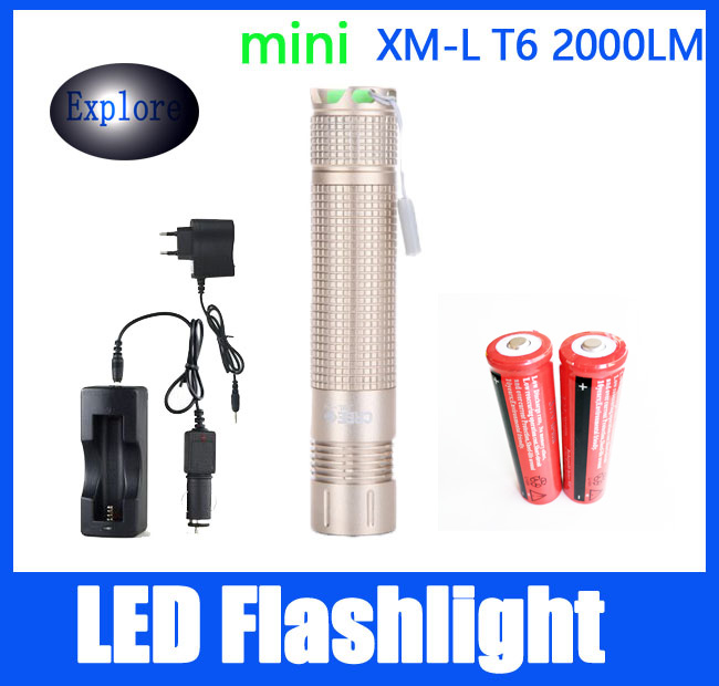 Mini Flash Light CREE XML T6 1600 Lumens 5 Modes LED Flashlight Portable Lantern Torch Lamps+2*18650 Battery+DC Charger(US EU)