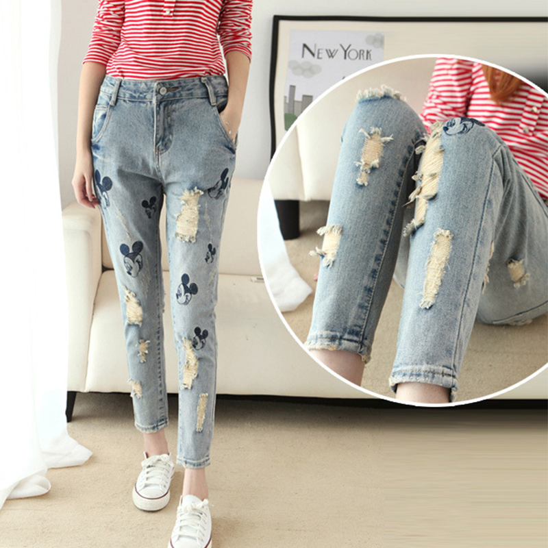 2015 new Skinny Jeans ripped Womens boyfriend women Jean denim Pants Boot Jens pantalon Mouse Embroidery Baggy Jeans mouse