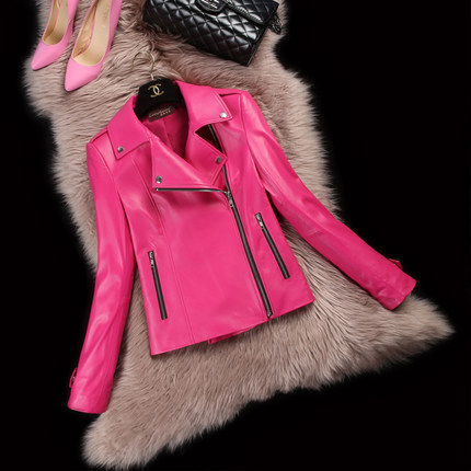 Motorcycle leather jacket women 2015 Spring Autumn Winter Streetwear Full Regular Turn-down Collar Thin sheep leather DFF180