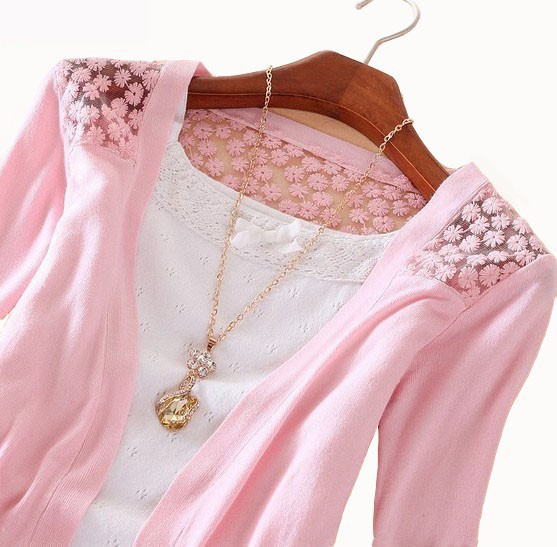 2015 Fashion Women Cardigan Sale Lace Sweet Candy Pure Color Slim Crochet Knit Blouse Sweater Cardigan