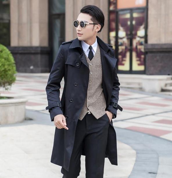 Fashion Outwear Long Coat Men Trench Casaco Masculino Male New Mens Double Ted Belted Trench Coat Lapel Slim Fit Jacket Overcoat