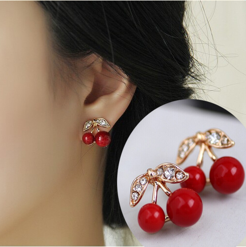 Прекрасный красный cherry серьги горный хрусталь листья бусины серьги-гвоздики для женщины ювелирные изделия