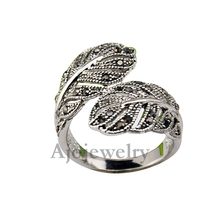 Size 7 9 Fashion Jewelry Retro 18K White Gold Plated Black Rhinestones Leaf Ring For Women