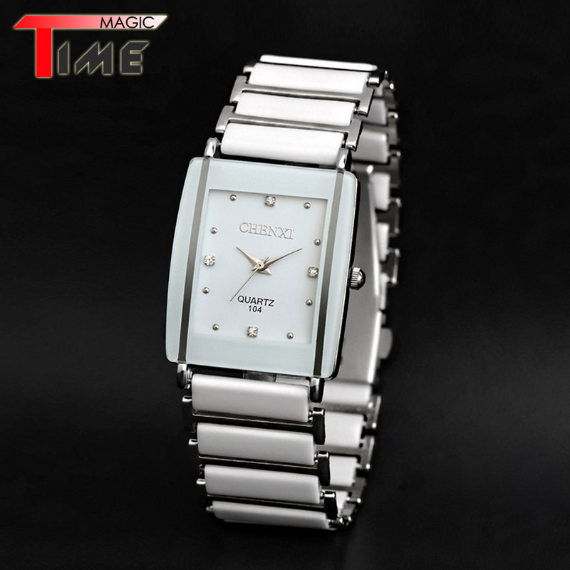 [Time Magic] Lover's White Black Watch Fashion Casual Square Dial Watches Mens Womens Quartz Clock Ceramic Strap Wristwatches
