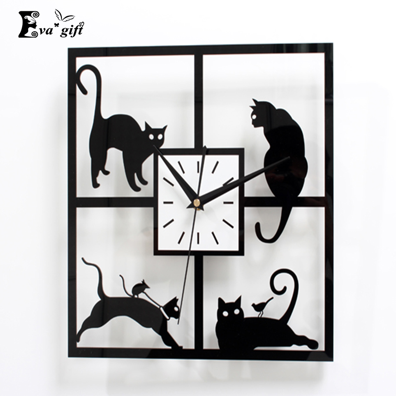 Funny cat wall sticker Clock decor Acrylic mute clock cat wall watch for study living room bedroom home wedding decoration