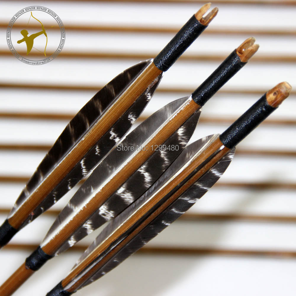 Free Shipping 12 Pcs Archery Traditional Hunting Shooting Broadheads Self Nocks Real Turkey Feather Bamboo Shaft