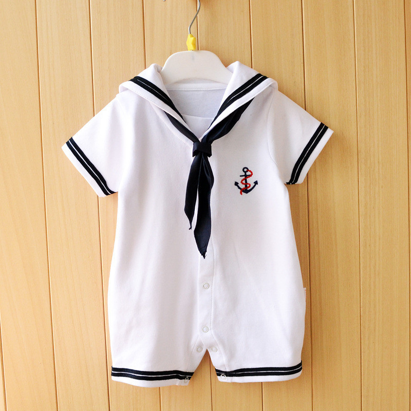 Summer 2015 White Short Sleeve Baby Boy Sailor Suit Romper Jumpsuit boys-sailor-suit-classic-in-white-and-blue-cotton