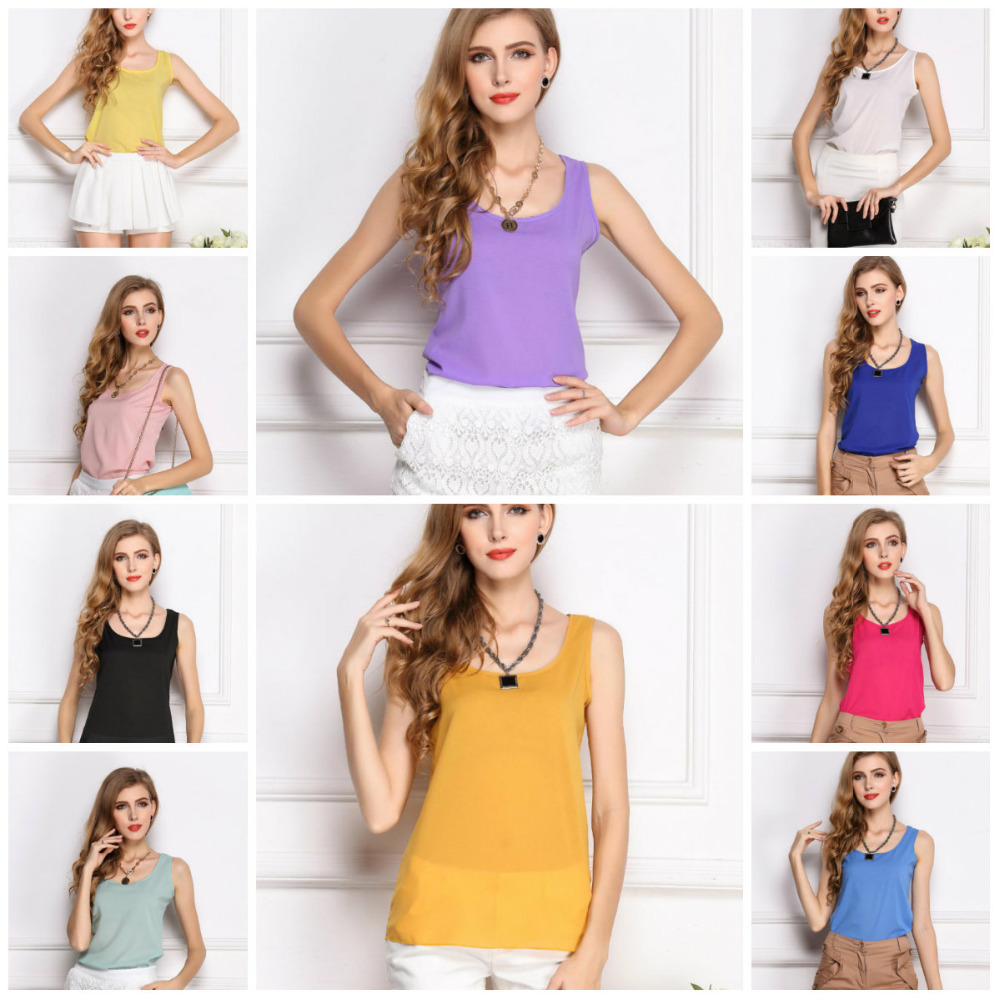 Wholesale 2014 Fashion New Summer Women Clothing Chiffon Sleeveless Solid Neon Candy Color Causal Chiffon Blouse