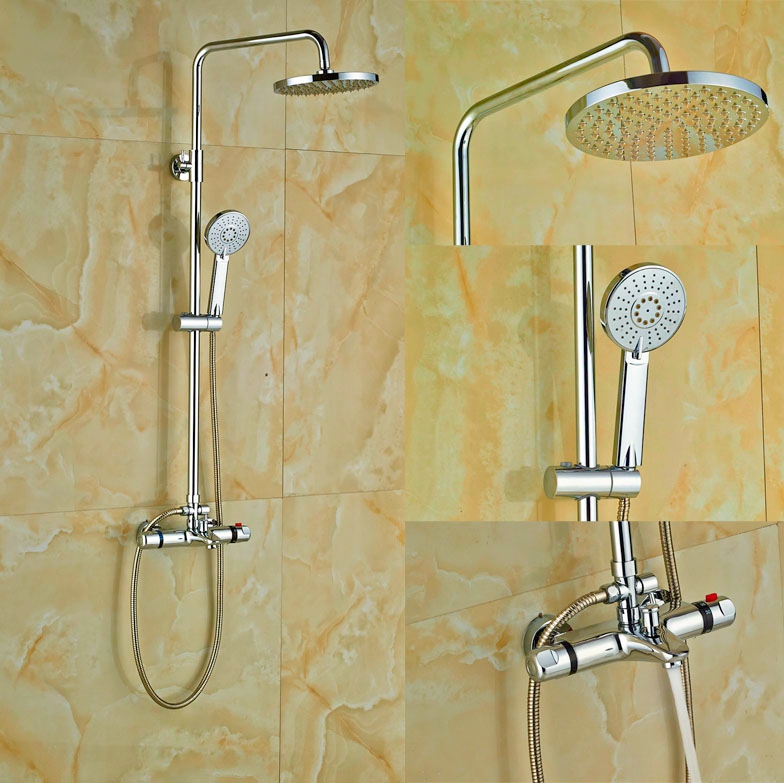 Chrome Rainfall Shower Thermostatic Shower Faucet Set Mixer Tap With Double Hand Sprayer Wall Mounted