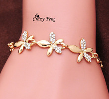 Big Promotion New Women 18K Gold Plated Link Chain Austrian Crystal Flower Design Bracelets & Bangles Party Accessories
