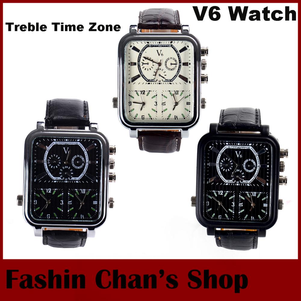 2014 fashion luxury brand trebale time zone sports military watches men multiple dials pu leather strap