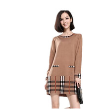 2014 New Spring and Autumn female models Slim long-sleeved knit sweater bottoming spring and autumn plaid dress