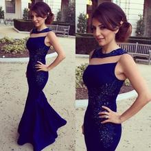 Abendkleider Saudi Arabic Lebanon Royal Blue Mermaid Long Evening Dresses Sheer Beads Robe De Soiree Dubai Ladies Party Gowns