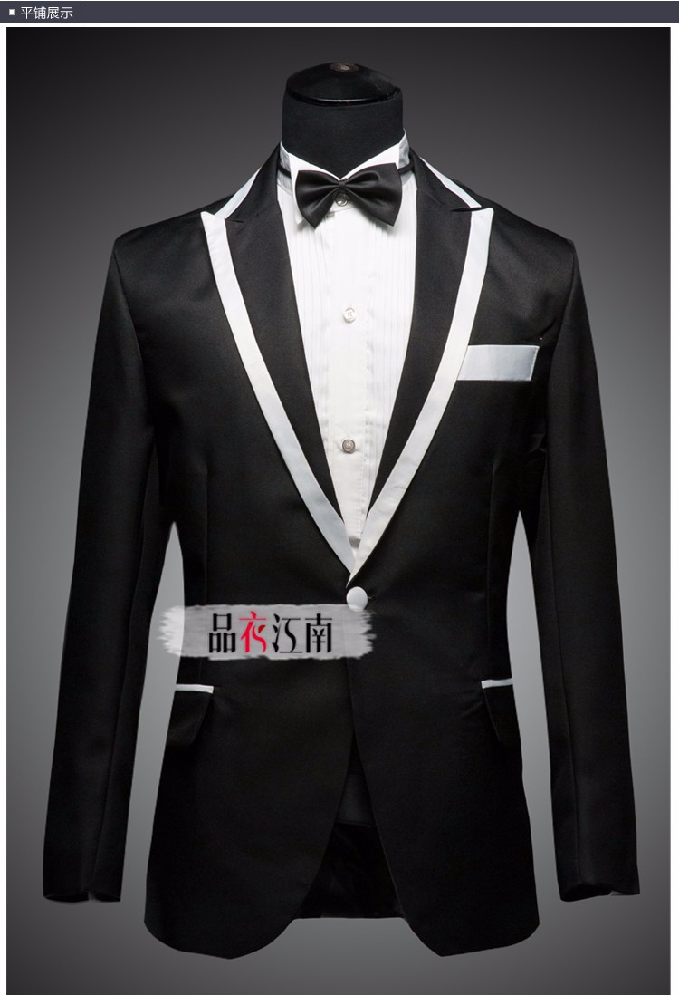 2020 Wholesale White Suit Black Lapel Men White Suite Jacket With Black Trim Wedding Suit Stage Host Black And White Mens Suits Jacket Pant From