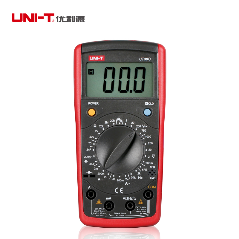 UNI-T UT39C Multimeter Amp Ohm Volt Temperature  Meter Digital LCD Count 1999 Manual Range Transistor Data Hold Palm Size