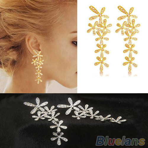 Women 2014 New Fashion Full Rhinestone Crystal Long Snowflake Flower Dangle Drop Tassel Earrings Gold Silver