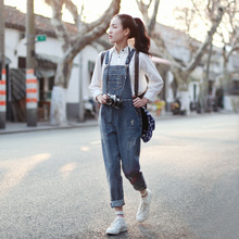 Female Denim Jumpsuits Women Vintage washed Ripped Jeans Overalls Ladies Pockets loose straight Bleached Pants Trousers