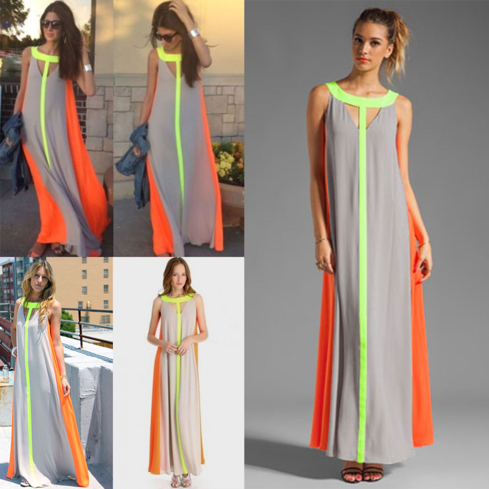 IDress Women Summer 2015 Casual Maxi Summer Dress Long Patchwork Loose Bohemian Beach Vestidos Contrast Color Chiffon Maxi Dress (2)