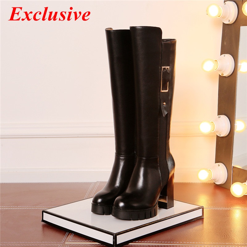 Woman Buckle Knee Boots Genuine Leather Winter Short Plush Thick With Long Boots High Quality Black Brown Gray Buckle Knee Boots
