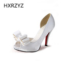 women shoes European and American women satin bow Waterproof platform fish head stiletto white wedding shoes