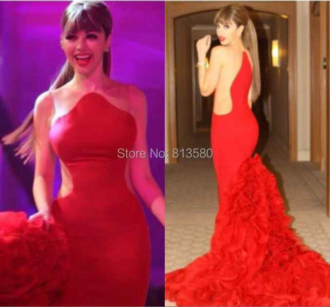 ... Red Ruffles Floor length Mermaid Evening Dress Designer Celebrity Red