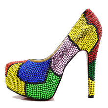 New 2016 Crystal color block single colorful crystal shoes Womens sheepskin wedding Pumps platform high-heeled party dress shoes